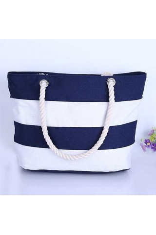 Novahub Kalın Keten Halat Saplı Kadın Çizgili Tuval Plaj Çantası - Büyük Kapasite Mavi Beyaz Çizgili Plaj Ve Seyahat Çantası Mavi - Beyaz