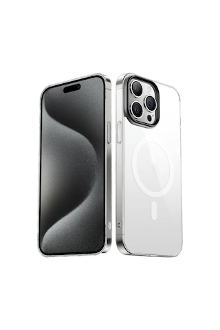 Apple Uyumlu iPhone 15 Pro Max Kılıf Wireless Şarj Özellikli Şeffaf G-glass Kılıf
