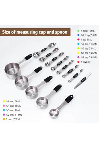 Gajeena Magnetik Paslanmaz Çelik Ölçü Kupa Ve Kaşık Seti 5 Kupa + 8 Çift Taraflı Kaşık + Düzeltici - 13 Parça Tam Ölçüm Aleti Gümüş