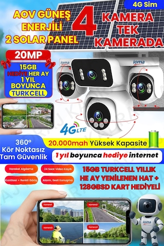 Sim Kartlı Kamera , Güneş Enerjili 4 Kameralı Solar Panelli Kamera , 20000 Mah 2 Solar Panel 4g Ioma
