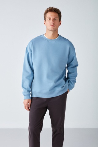 Grimelange Stephan Erkek Yumuşacık Kışlık Kumaşlı 3 Iplik Organik Pamuk Örme Oversize Mavi Sweatshirt