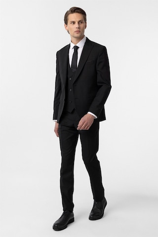 Süvari Siyah Slim Fit Düz Sivri Yaka 6 Drop Yelekli Klasik Takım Elbise