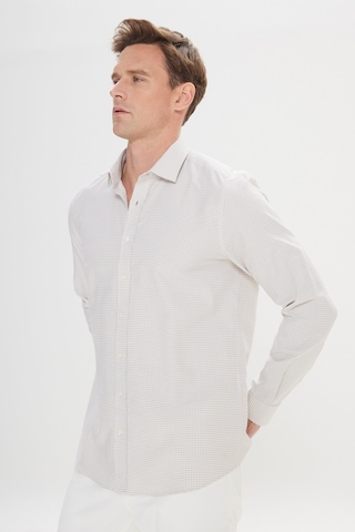 AC&Co / Altınyıldız Classics Erkek Beyaz Bej Kolay Ütülenebilir Slim Fit Dar Kesim Düğme Yaka Gofre Desenli Gömlek Beyaz Bej