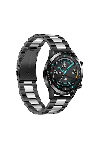 Springsun Huawei Watch Gt2 46mm, Honor Magic Watch 2/1 46mm Uyumlu 22mm Paslanmaz Çelik Üç Pırlanta Kordon - Orta Gümüş, Kenar Siyah