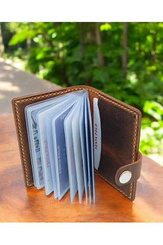 Cronder Hakiki Deri Şeffaf Bölmeli Kartlık Cüzdan Kahverengi