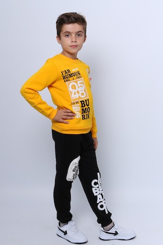 Erkek Çocuk 3 İplik Eşofman Takımı Baskılı Cep Detaylı D33 Sarı