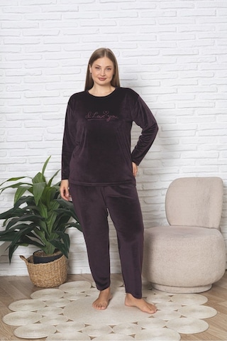 Büyük Beden Kırmızı Likralı Soft Kadife Pijama Takımı Mürdüm
