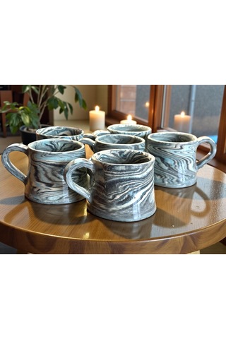 2'li Nerikomi El Yapımı Stoneware Fincan Siyah - Krem - Açık Mavi