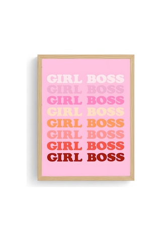 Doğal Ahşap Çerçeveli Retro Pop Art Tablo - Girl Boss Sloganı Yazı Huhu2830
