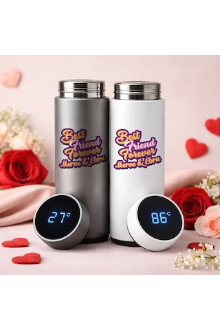 Bk Gift Kişiye Özel Best Friend Tasarımlı Dijital Göstergeli Filtreli 2li Çelik Termos 450 Ml -2, Arkadaşa Hediye En İyi Arkadaş Termos Seti Kobitmeye Renkli