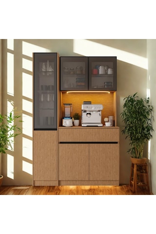 Nordıc Wood Led Li Kahve Köşesi Ünitesi Sol Vitrinli Füme Cam Komple Mdf Modern Mutfak Dolabı Kahverengi