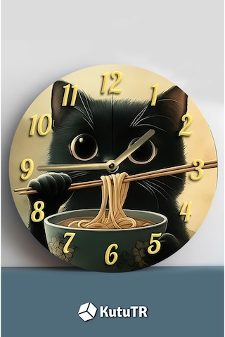 Noodlecat Sevimli Siyah Kedili 3d Görünümlü Mdf Duvar Saati Sdw228 Renkli