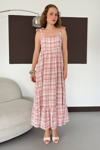 Verymoda Kadın Ekose Desenli Askı Bağlama Detaylı Maxi Elbise Pembe