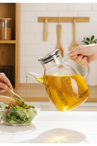 2li Slikon Ağızlık Metal Kapak Borosilikat Yağdanlık 1000 Ml Şeffaf