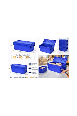 5li 40 60 25 Cm Mavi Menteşe Kapaklı Plastik Kasa