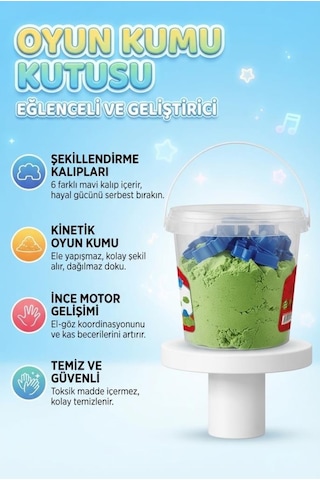 6 Kalıp Hediyeli Kinetik Oyun Kumu Kolay Temizlenen Parlak Kurumayan Güvenli Eğitici Oyuncak Kum Yeşil