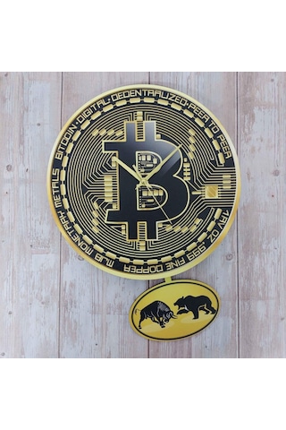 CajuArt Bitcoin Temalı Sallanan Sarkaçlı Ahşap Duvar Saati Hediye Sarı
