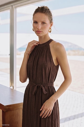Sateen Kuşaklı Elbise - Kahve-137740