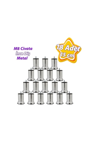 18 Adet Metal Destek Ayağı 15 Cm Krom Mobilya Kanepe Baza Koltuk Ünite Ayakları Metrik 8 Civatalı İnce Diş