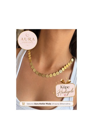 Hasır Dokulu Yuvarlak Pul Plakalı Choker 14 K Altın Kaplama Çelik Kolye