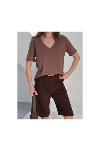 Paw Garage Kadın Massi İnterlok Kumaş V Yaka Oversize T-shirt Kahverengi