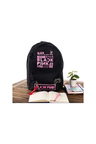 Shopiolog Black Pink Yazılı Logo Baskılı Zincirli Fermuarlı Piercingli Siya