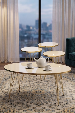 Northcity Zigon Sehpa Ve Orta Sehpa Elips Set Gold Krem Tel Altın - Krem