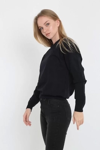 Blacktree Unisex Uzun Kol V Yaka Triko Kazak - Siyah Siyah