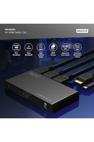Digitus 3x1 Hdmı Switch, 4k/60hz Hdcp 2.2 Kumandalı Geçiş Kontrolü