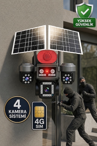 Viva Sim-840 Çift Güneş Panelli 4g Sim Kartlı Kablosuz 4 Lensli Güvenlik Kamerası 16mp Ptz 64gb Hafıza Kart Dahil