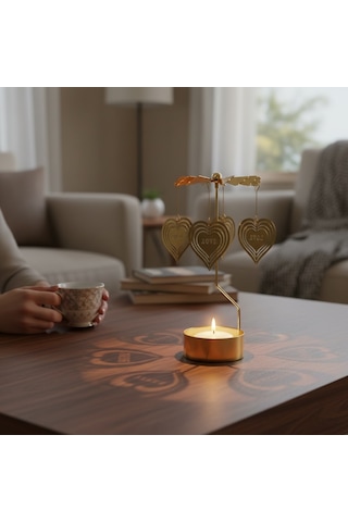 Dönen Işıklı Kalpli Metal Tealight Mumluk Love Tasarımlı Dekoratif Rüzgar Gülü Gold