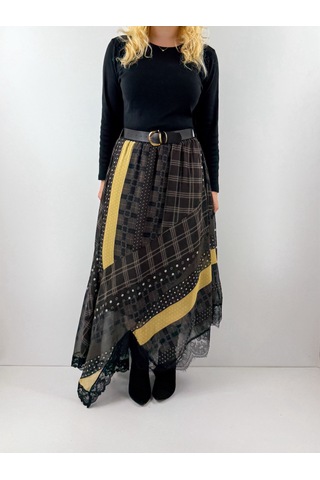 Modaonna Patchwork Desenli Kemerli Şifon Etek Çok Renkli