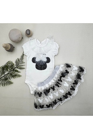 Peruflic 1-2-3 Yaş Payetli Mickey Nakışlı Kısa Kollu Brode Etekli 2li Kız Bebek Takımı Siyah