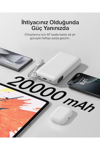 Belkin Boostcharge Power Bank 20000 Mah Display, Pd 20w Usb-c Kablolu Beyaz