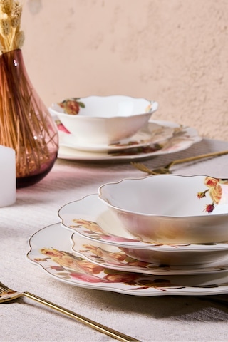 Porselen Rose Garden Bone 24 Parça 6 Kişilik Yemek Takımı Desenlı Desenli