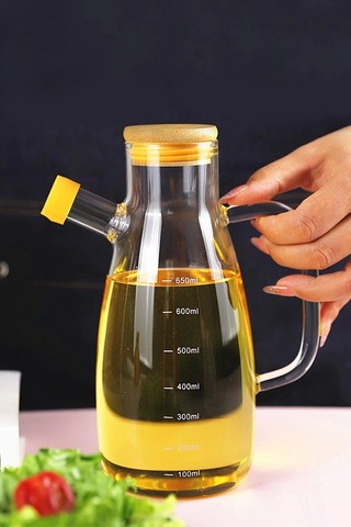 Vakumlu Bambu Kapaklı Borosilikat Cam Yağdanlık Yağ Şişesi 900 Ml