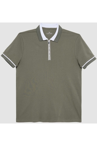 Tudors Erkek Slim Fit Dar Kesim %100 Pamuk Düz Pike Fermuarlı Haki Polo Yaka Tişört-31110-haki Haki