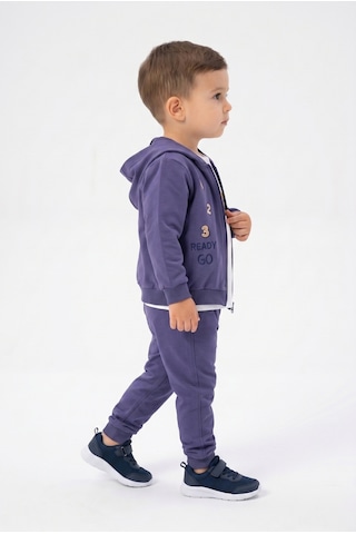 Toontoy Kids Toontoy Erkek Çocuk 3'lü Eşofman Takımı Uzun Kollu Bisiklet Yaka Nakışlı T-shirt - Kapüşonlu Fermuarlı Hırka- Beli Paçası Lastikli Eşofman Altı 25044 İndigo