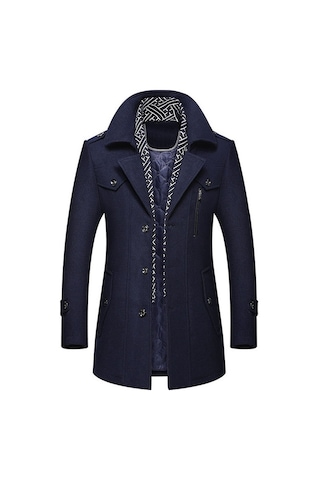 Erkek Yünlü Ceket Sonbahar Ve Kış Erkek Eşarp Yaka Mont Kaban Lacivert