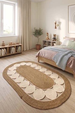 Jüt Hasır Oval Kilim Dekoratif Örgü Model Halı Salon Oturma Odası Mutfak Koridor Yatak Odası Banyo Balkon Yolluk Bohem Ev Dekoru 233hasırkrem