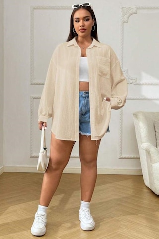 Trendseninle Kadın Bej Tek Cepli Bürümcük Oversize Gömlek Bej