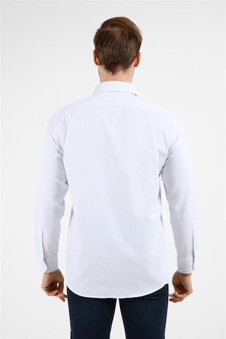 İmza Beyaz - Mavi Çizgili Desen Sert Yaka Uzun Kol Cepli Comfort Fit Pamuklu Gömlek 1004255208 Beyaz - Mavi