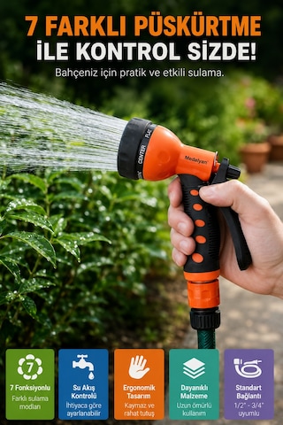 7 Fonksiyonlu Bahçe Sulama Tabancası Ayarlanabilir Su Püskürtme Başlığı Ergonomik Tutuşlu