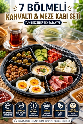 7 Bölmeli Kahvaltı Meze Kabı Kapaklı 26 Cm Tek Kullanımlık Salata Sunum Ve Paket Servis Kabı Seti Siyah