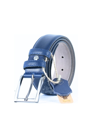 Hakiki Deri Erkek Kemer 3,5cm Dikişli Lacivert Klasik Kumaş Kemer Lacivert