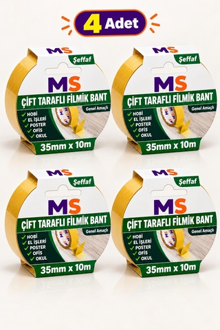 4 Adet Çift Taraflı Filmik Şeffaf Bant 35 Mm X 10 Metre Yapışkanlı Hobi Bandı El Çok Amaçlı Bantları