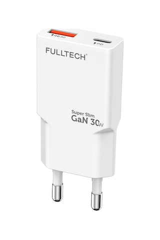 Fulltech Fc71 30w Gan Süper İnce Hızlı Şarj Adaptörü 1x Usb-a + 1x Usb-c Pd 30w & Qc 3.0 Destekl