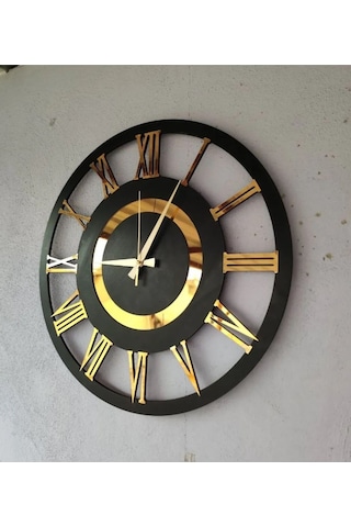 Siyah Ve Ceviz Renk Gold Sayılı Hediyelik Ahşap Dekoratif Farklı Desenli Ev Duvar Saati 50cm Ceviz