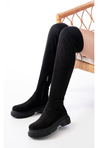 812-2194 Siyah Süet Fermuarlı Diz Üstü Bağcıklı Çorap Günlük Kadın Çizme Resimdeki Renk