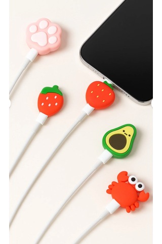 Yengeç Pati Çilek Avakado Temalı Sevimli Figürlü Ve Dayanıklı Silikon Kablo Koruyucu 5 Adet